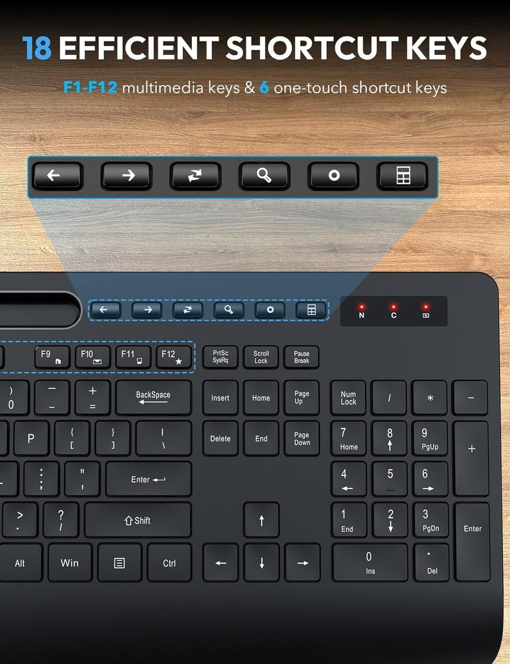 Wireless Keyboard and Mouse Combo, Full Size, Ergonomic Wrist Rest | Silent Typing, Phone Holder, 2.4 GHz, 3 Level