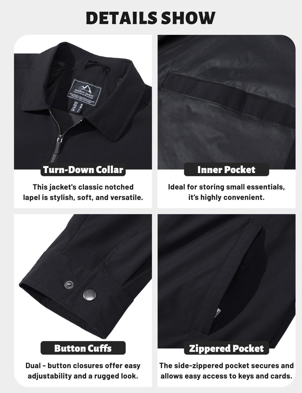 Men's Black Jacket Full Zip Windbreaker for Golf Business Work