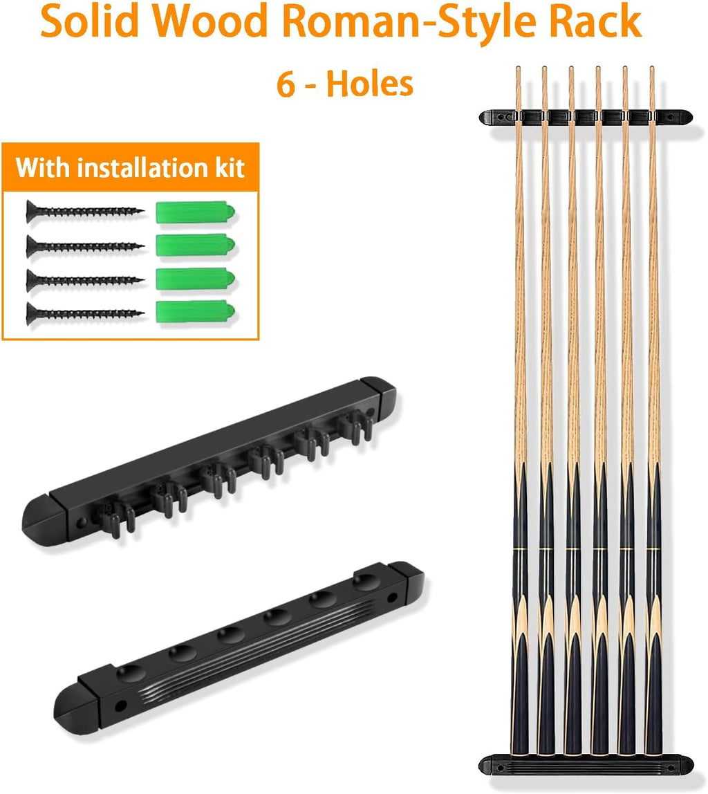 Pool Stick Holder Wall Mounted Pool Cue RackSolid Wood Billiard Stick Holder with Accessory Shelf, Heavy Duty Game