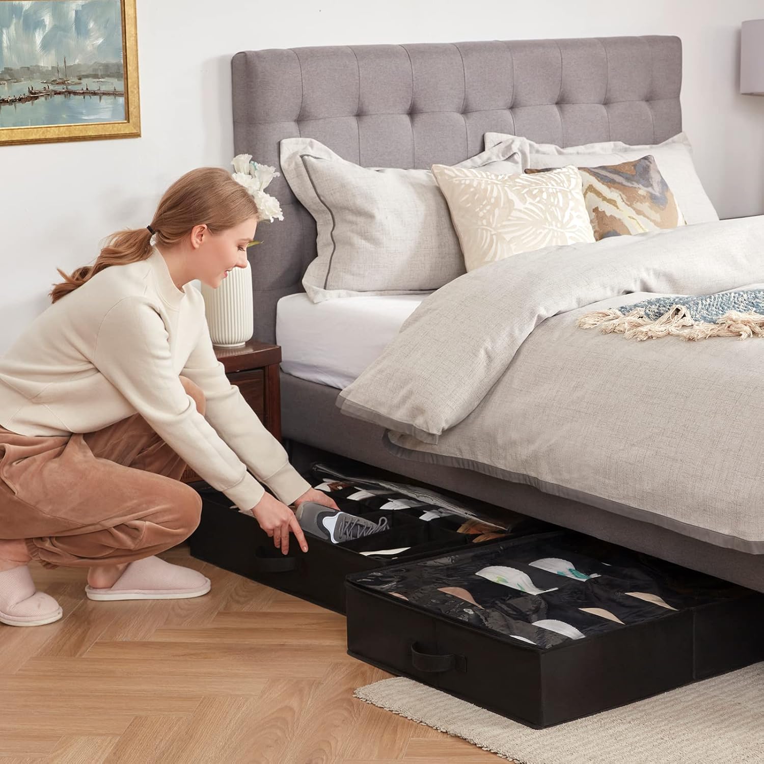 Under Bed Shoe Storage Organizer 2 Pack(12 Shoes Cells), 4.3 Inches Profile Fabric Shoes Container Box with Clear