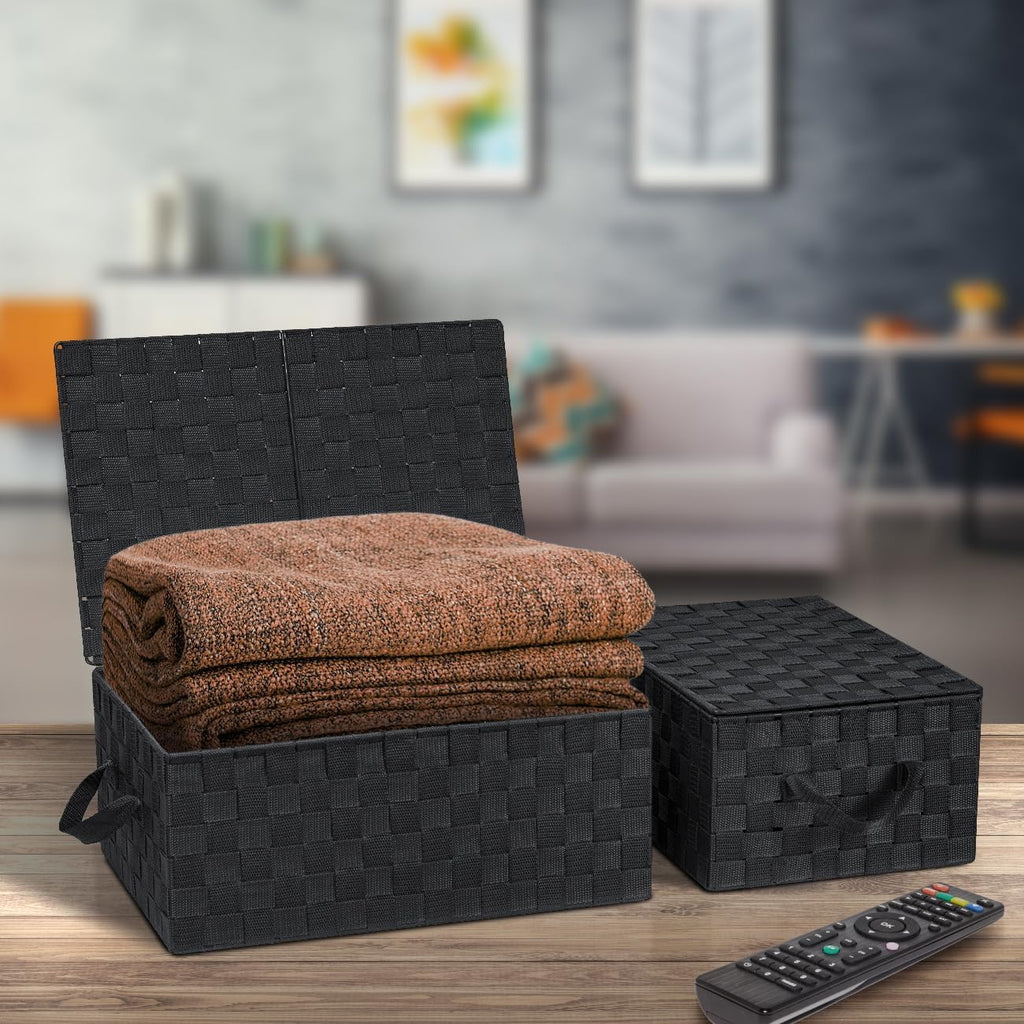 Set of 3 Hand-Woven Storage Baskets with Lids – Mesh Design Organizers for Closet, Shelves, and Home Storage (Black)
