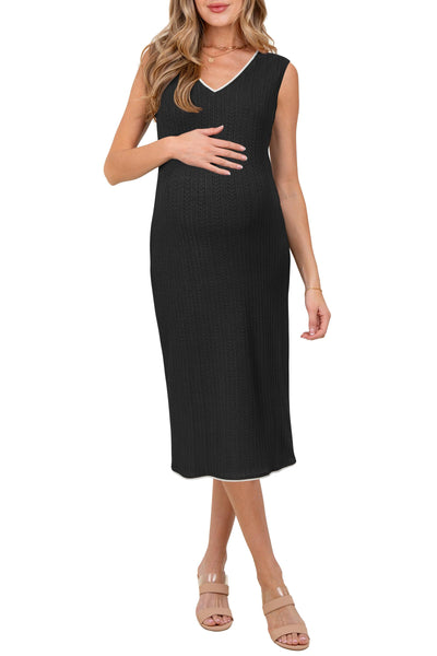 Women's Sleeveless V Neck Bodycon Black Maternity Midi Dress(Black,S)