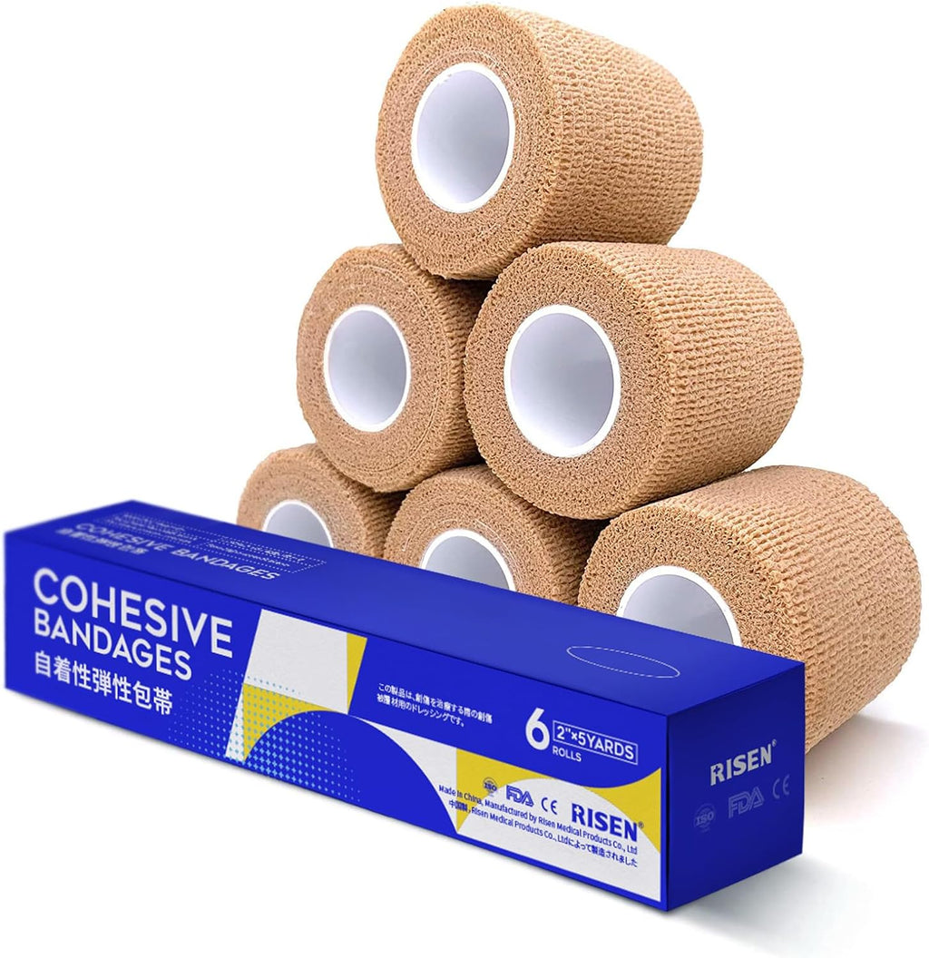 Cohesive Bandage 2” x 5 Yards, 6 Rolls, Self Adherent Wrap Medical Tape, Adhesive Flexible Breathable First Aid Gauze