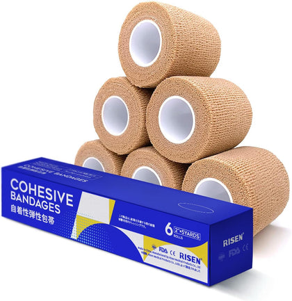 Cohesive Bandage 2” x 5 Yards, 6 Rolls, Self Adherent Wrap Medical Tape, Adhesive Flexible Breathable First Aid Gauze
