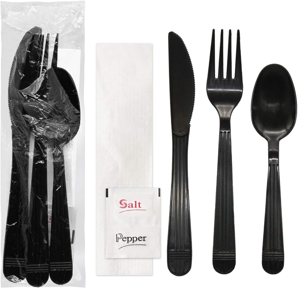 Individually Wrapped Plastic Cutlery Packets/Heavy Duty Silverware Kits, Fork/Spoon/Knife/Napkin/Salt/Pepper, 50