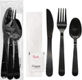 Individually Wrapped Black Plastic Cutlery Packets/Heavy Duty Silverware Kits, Fork/Spoon/Knife/Napkin/Salt/Pepper