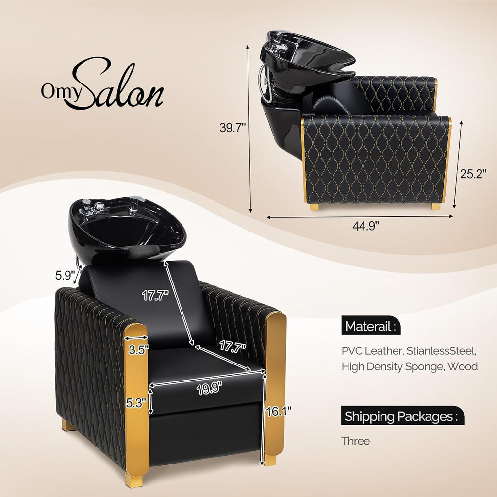 Shampoo Bowl and Chair Set for Salon, Tilting Ceramic Basin, PVC Leather, Gold Legs, Complete Plumbing Kit