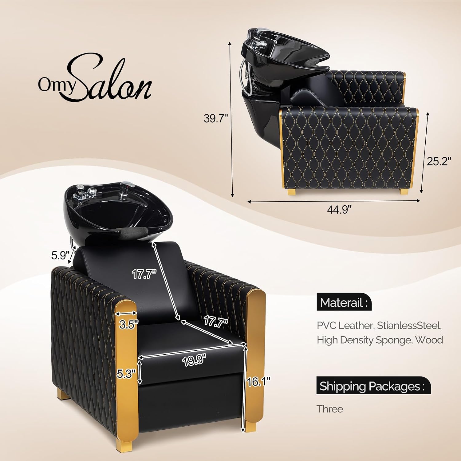 Shampoo Bowl and Chair Set for Salon, Tilting Ceramic Basin, PVC Leather, Gold Legs, Complete Plumbing Kit
