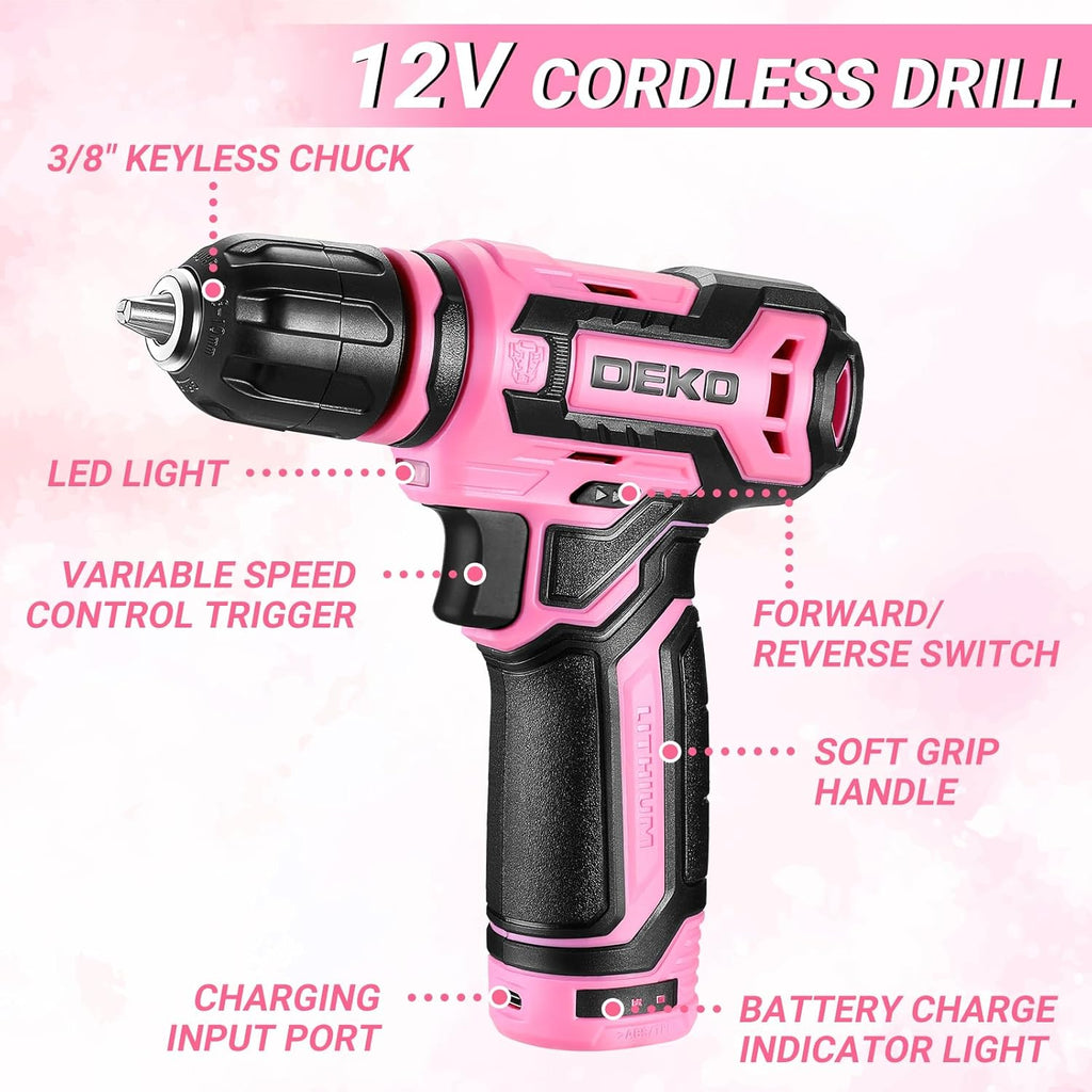Pink Tool Kit Box Drill Set：DEKOPRO Home Mechanic Toolbox with 12V Power Cordless Drill Hand Repair Tools Sets Combo