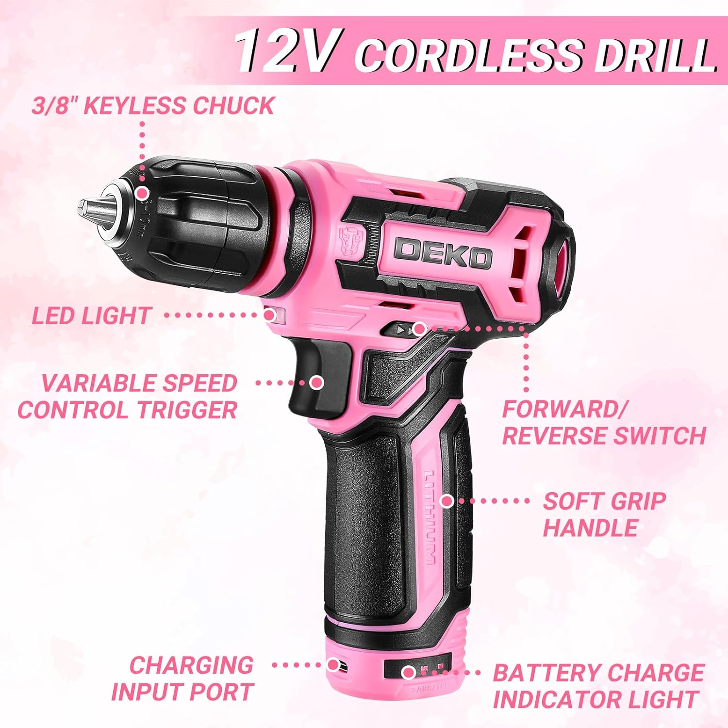Pink Tool Kit Box Drill Set：DEKOPRO Home Mechanic Toolbox with 12V Power Cordless Drill Hand Repair Tools Sets Combo