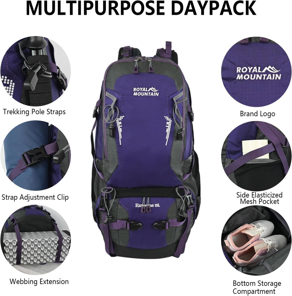 55L Internal Frame Backpack Hiking Backpack for Women Men Backpacking Packs | Waterproof Hiking Daypack for Camping