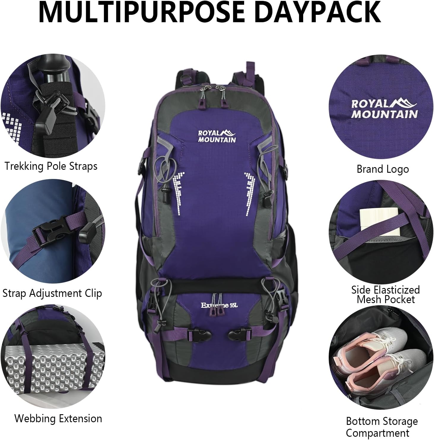 55L Internal Frame Backpack Hiking Backpack for Women Men Backpacking Packs | Waterproof Hiking Daypack for Camping