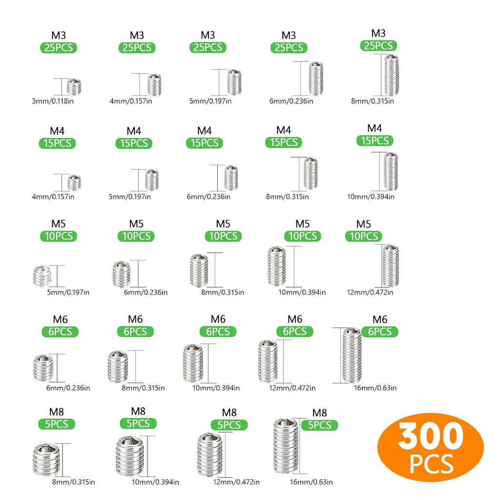300 Pcs Set Screws, M3 M4 M5 M6 M8 Screws Assortment Kit,Allen Head Screws