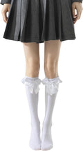 Lace Ruffle Bow Knee High Socks for Women Girls Soft Cotton Calf Dress Socks