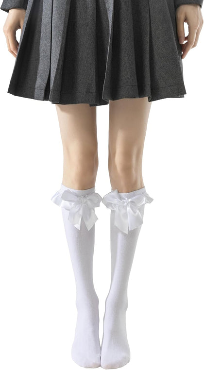 Lace Ruffle Bow Knee High Socks for Women Girls Soft Cotton Calf Dress Socks