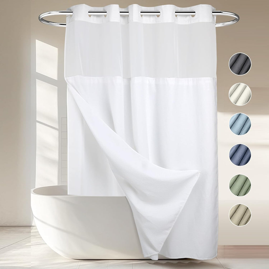 RiverDream Heavyweight Waffle No Hook Shower Curtain with Liner,White,71x74 | Dotted Waffle,Snap-in Liner,Heavy