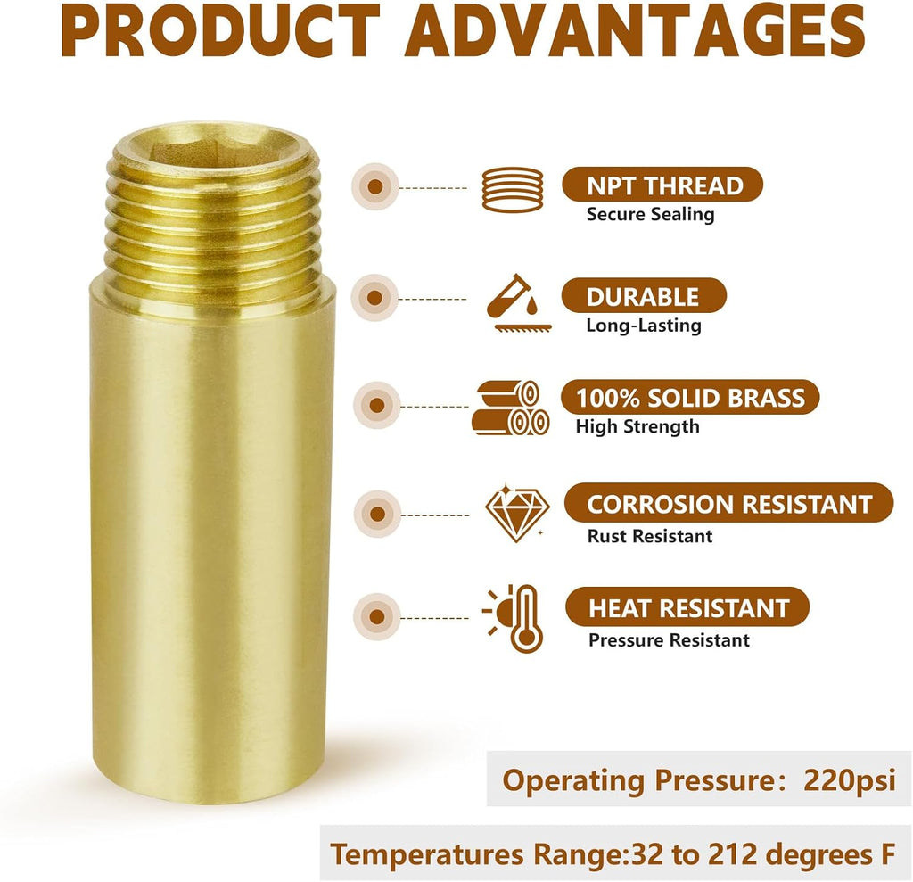 2" Length Brass Pipe Extender, 1/2" NPT Thread Pipe Fittings Long Nipple