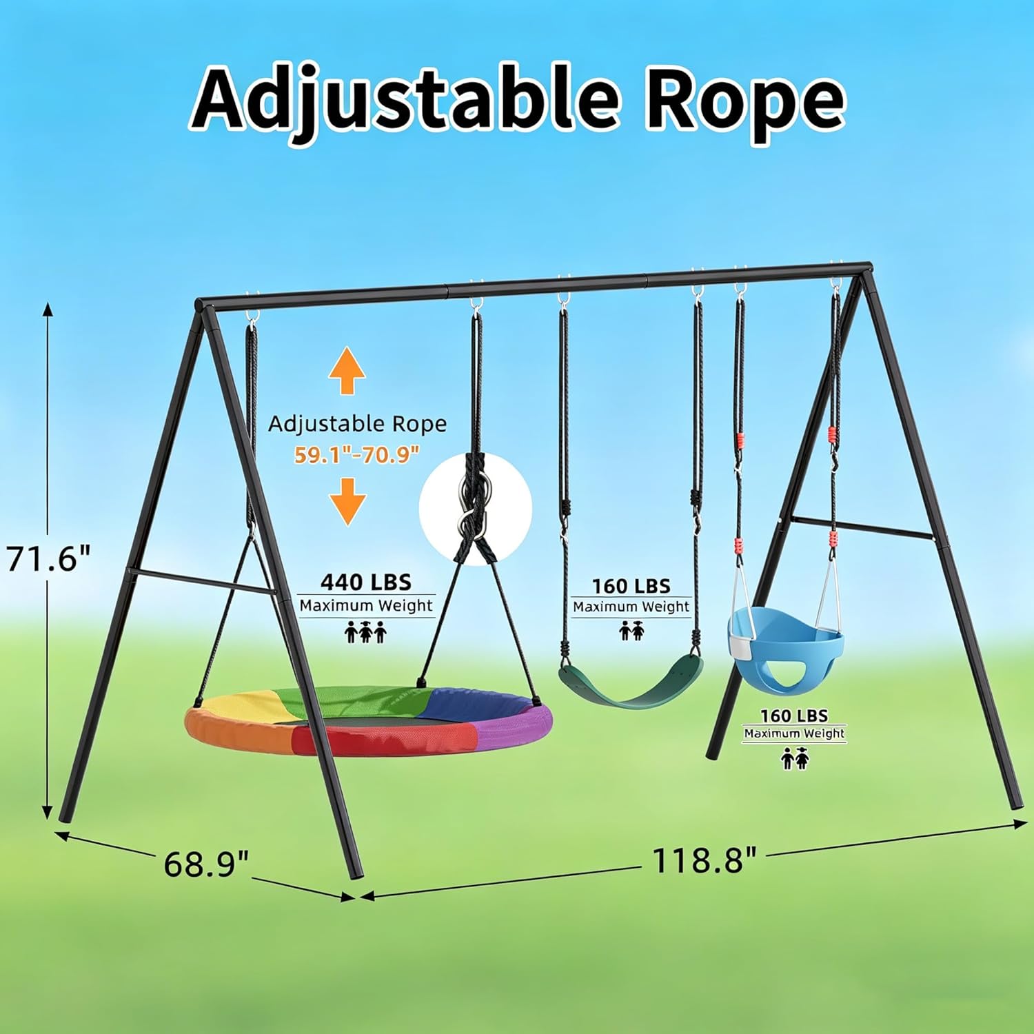 440lbs Swing Frame Set with Stand–Saucer Swing, Belt Swing & Baby Swing, Heavy Duty Metal Swing Set with Adjustable