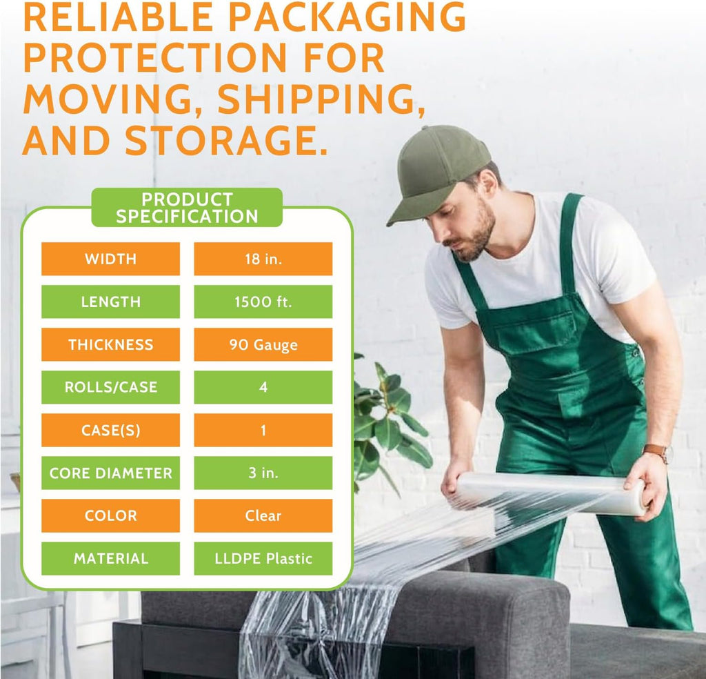 PSBM Cast Hand Plastic Stretch Wrap/Shrink Film 18" x 1500 Ft 90 GA 4 Rolls | Heavy Duty up to 800% Ultimate Stretch