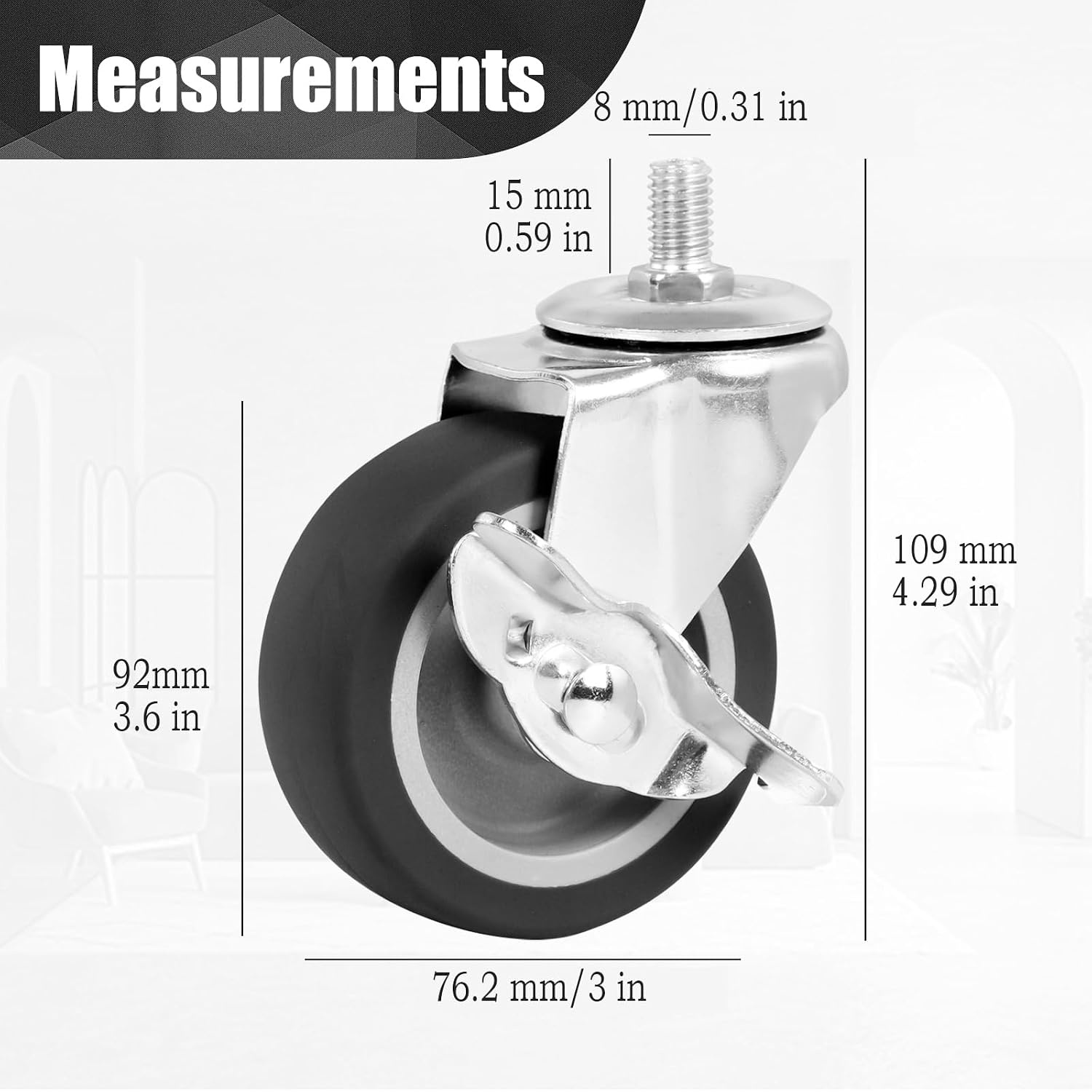Caster Wheels, 3 Inch Stem Casters Set of 4, Heavy Duty Swivel Wheel with Brake, Metric Size M8-1.25-15 (Screw