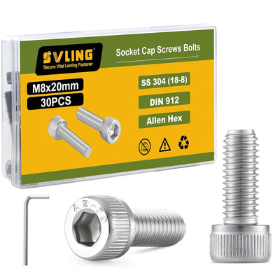 M8-1.25 x 20mm Bolt, 30PCS M8 Hex Socket Head Cap Screws Bolts, 304 Stainless Steel 18-8, Full Threads, Allen Socket Drive, with Hex Spanner
