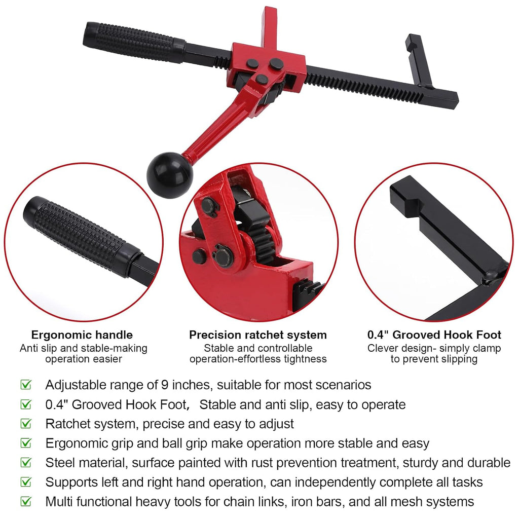 Chain Link Fence Stretcher Tool,15.8'' Metal Ratchet Wire Mesh Fence Tightener and Puller with Grooves,9'' Tension