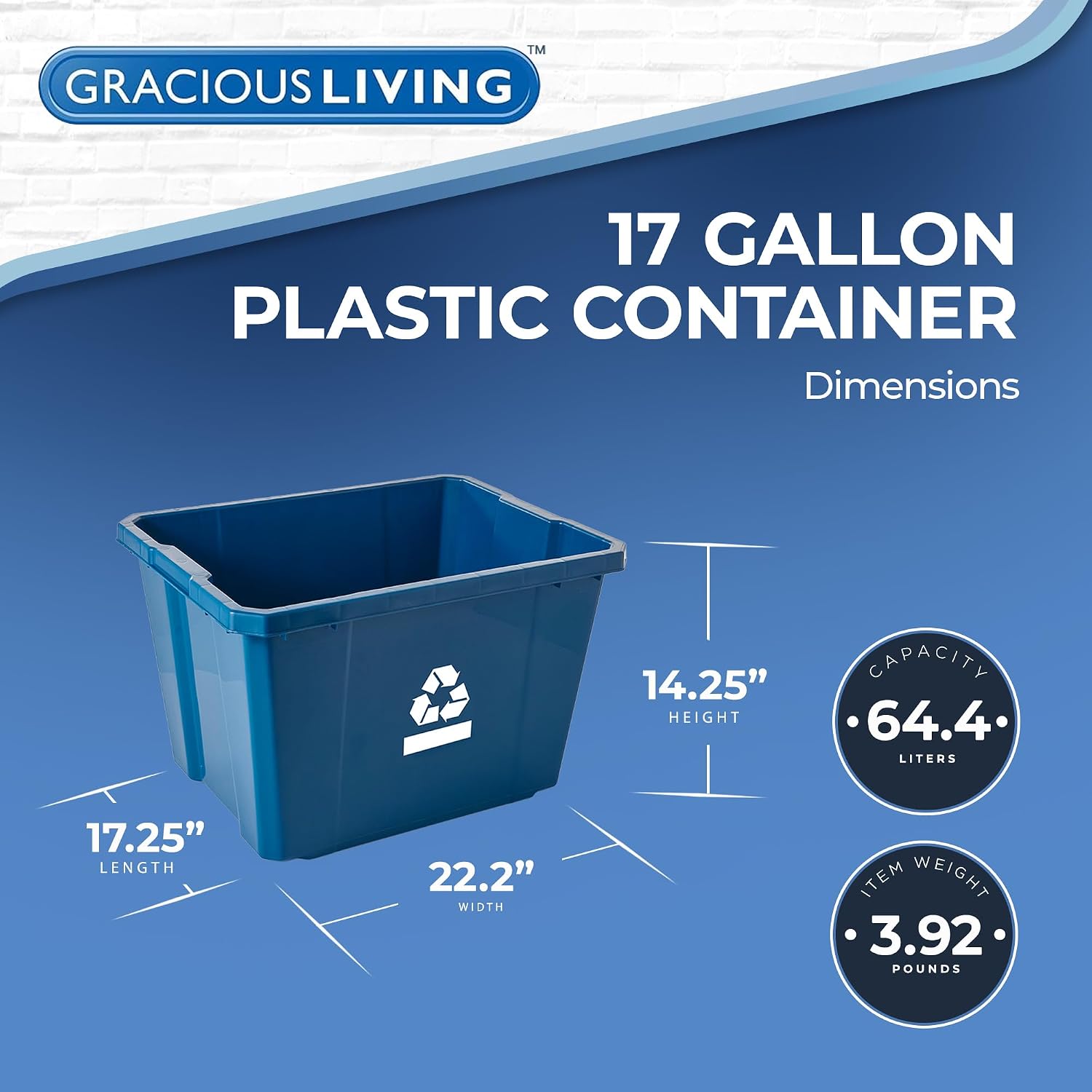Medium Curbside Blue Box, Plastic 17 Gallon/64 Litre Home Trash Can Refuse and Recycling Bin Container with Built-in