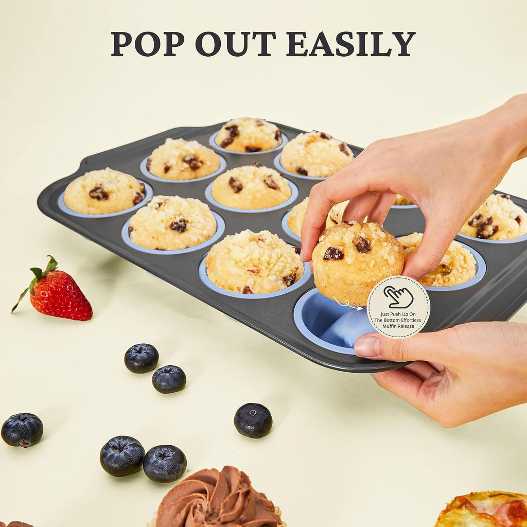 Silicone Muffin Pans for Baking with Metal Frame, Egg Bite Molds, 12-Cup Regular Size Cupcake Pan, Easy-Release
