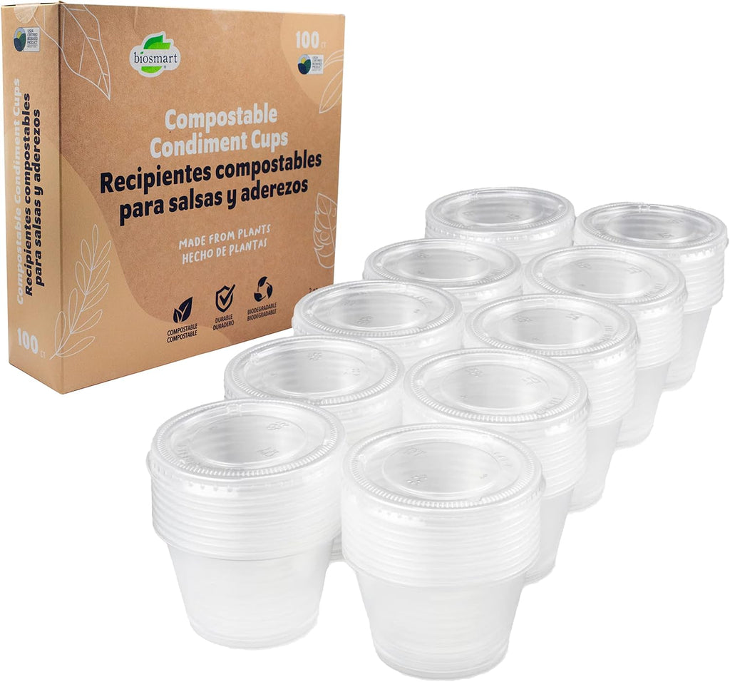 Compostable Condiment Cups with Lids, 2 oz Sauce Cups, 100 Sets per Pack: Eco-friendly for Salad Dressings