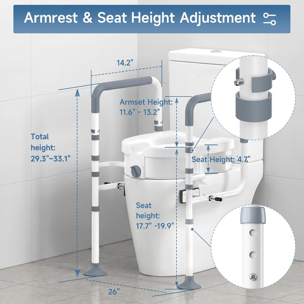 Raised Toilet Seat with Handles, Elevated Toilet Seat Risers for Seniors with Adjustable Padded Arms, Toilet Seat