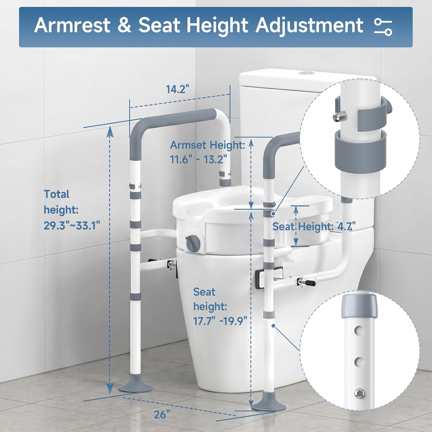 Raised Toilet Seat with Handles, Elevated Toilet Seat Risers for Seniors with Adjustable Padded Arms, Toilet Seat
