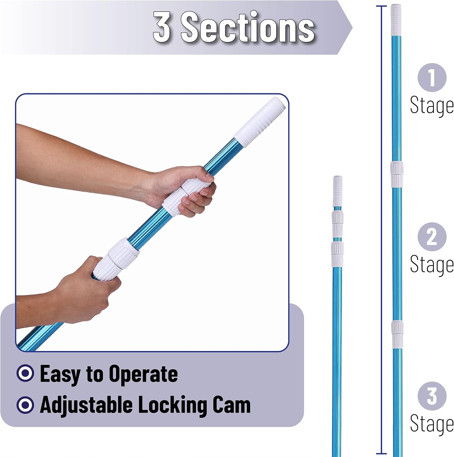 Telescopic Pool Pole, 12Ft, Adjustable 3Piece Expandable Step-Up, Pool Brush Pole for Cleaning