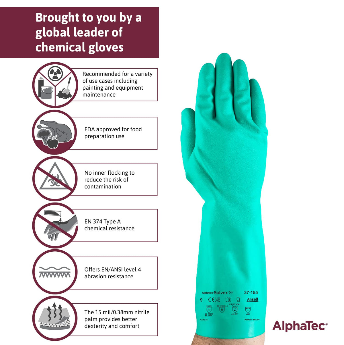 AlphaTec Solvex 37-155 Nitrile Chemical Gloves, Medium, 12 Pairs
