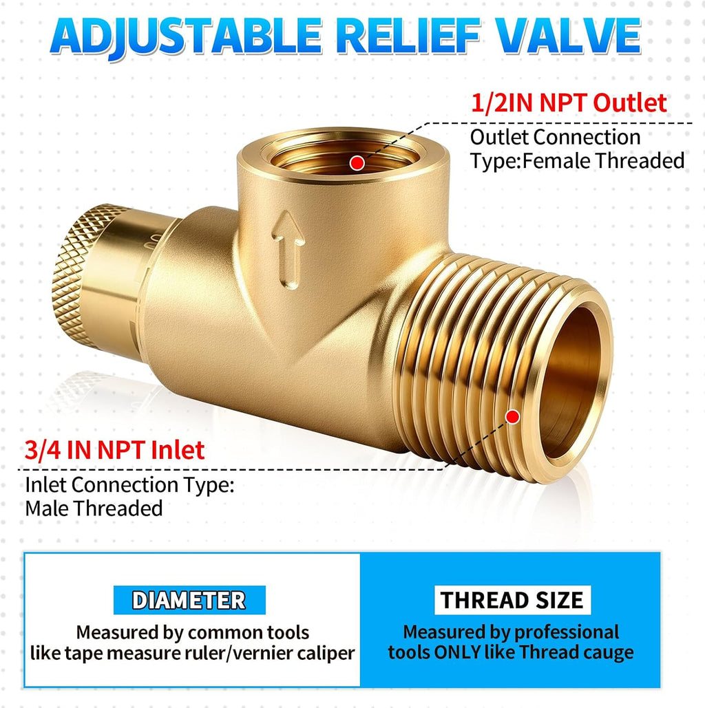 Poppet Adjustable Relief Valve 100-300 PSI, Brass Pressure Relief Valve