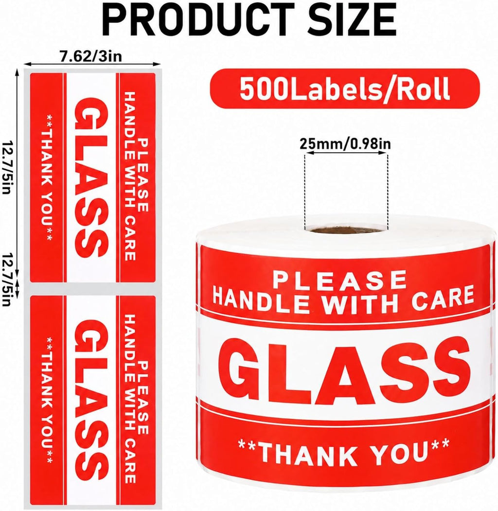 500 Pcs Fragile Glass Stickers Handle with Care Labels Red 1 Roll