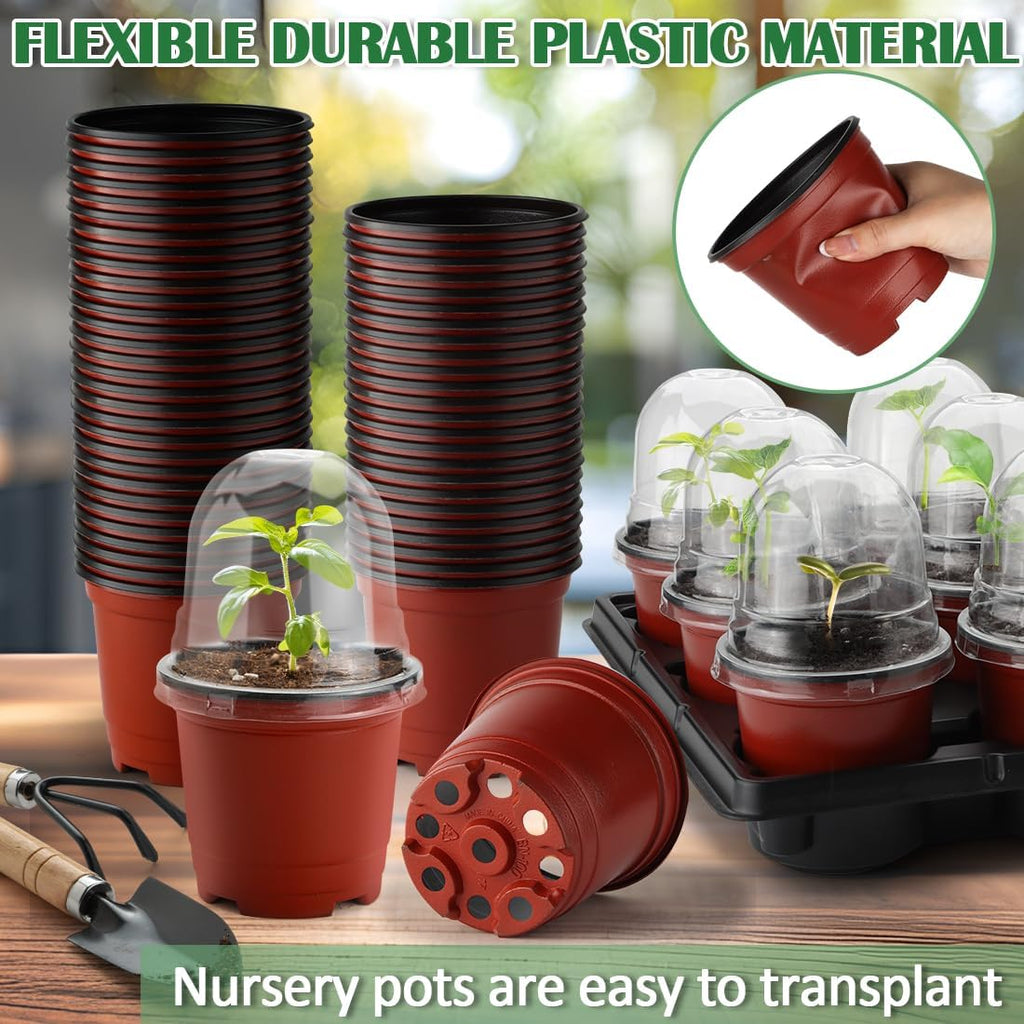 4 Inch 60 Pack Nursery Pots with Humidity Domes & 5 Pack 12 Cell Round Seedling Pot Carrying Trays, Sturdy Seeds