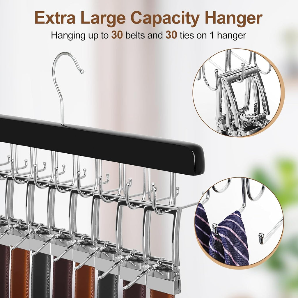 20 Hooks 2 in 1 Belt Tie Hanger for Closet Max 30 Belts with 30 Ties Capacity, Belt Tie Racks Wooden Hanger for
