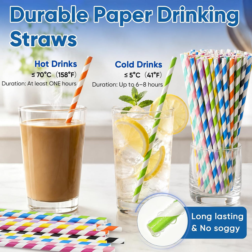 7.75" Striped Colorful Paper Straws Bulk 500ct - 10 Cute Fun Rainbow Colors