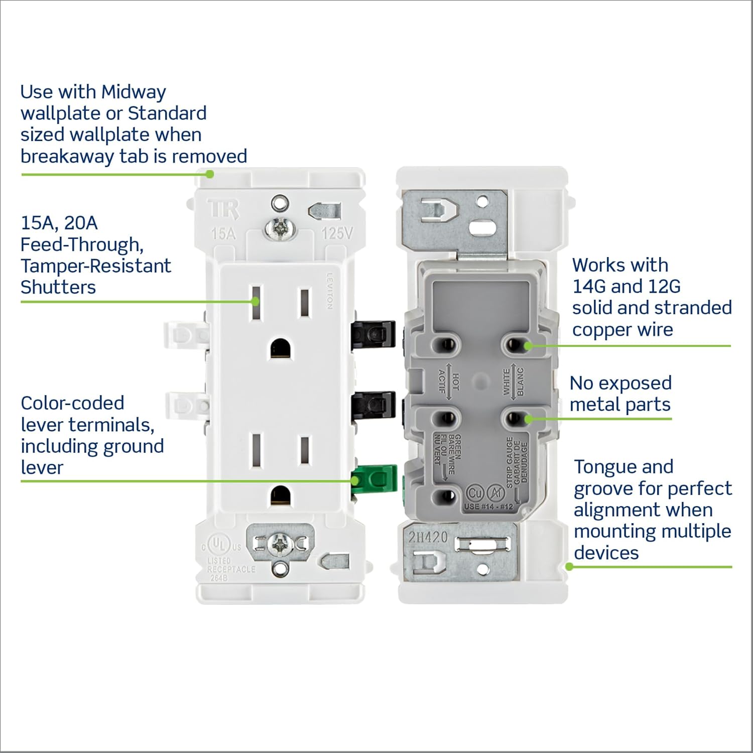 Lever Edge 15 Amp Tamper-Resistant Duplex Wall Outlet, 10-Pack, E5325-MW, White