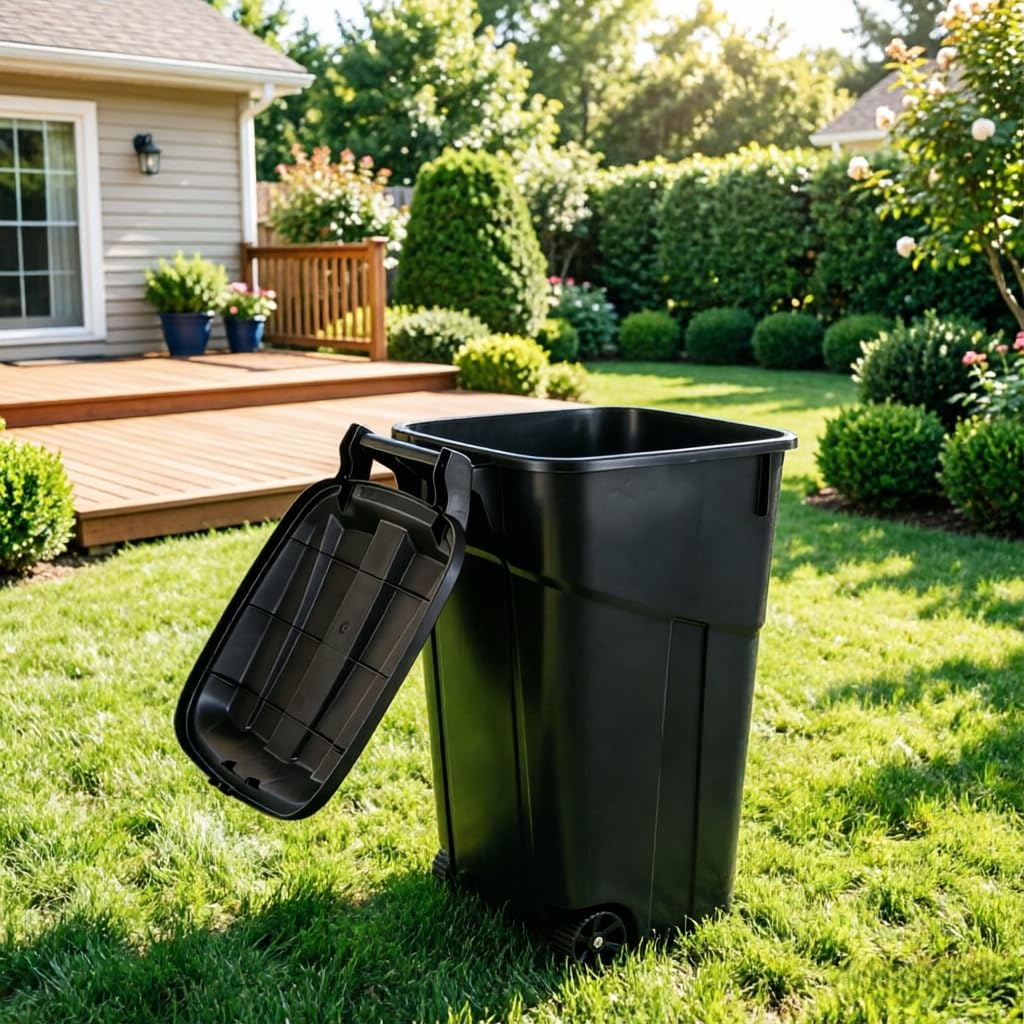 45 Gallon Heavy Duty Wheeled Outdoor Trash Can, Rubbish Bin with Attached Lid, with Easy-Grip Handle, Garbage Can for