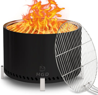 28" Smokeless Firepit with Stand & Grill Rack, Large Stainless Steel Wood Burning Fire Pit for Gatherings, Secondary