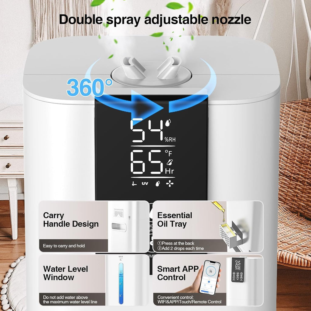 8L/2.1 Gal Smart Humidifier Large Room, Top Fill Cool Mist Humidifiers for Bedroom with App & Remote Control, Night
