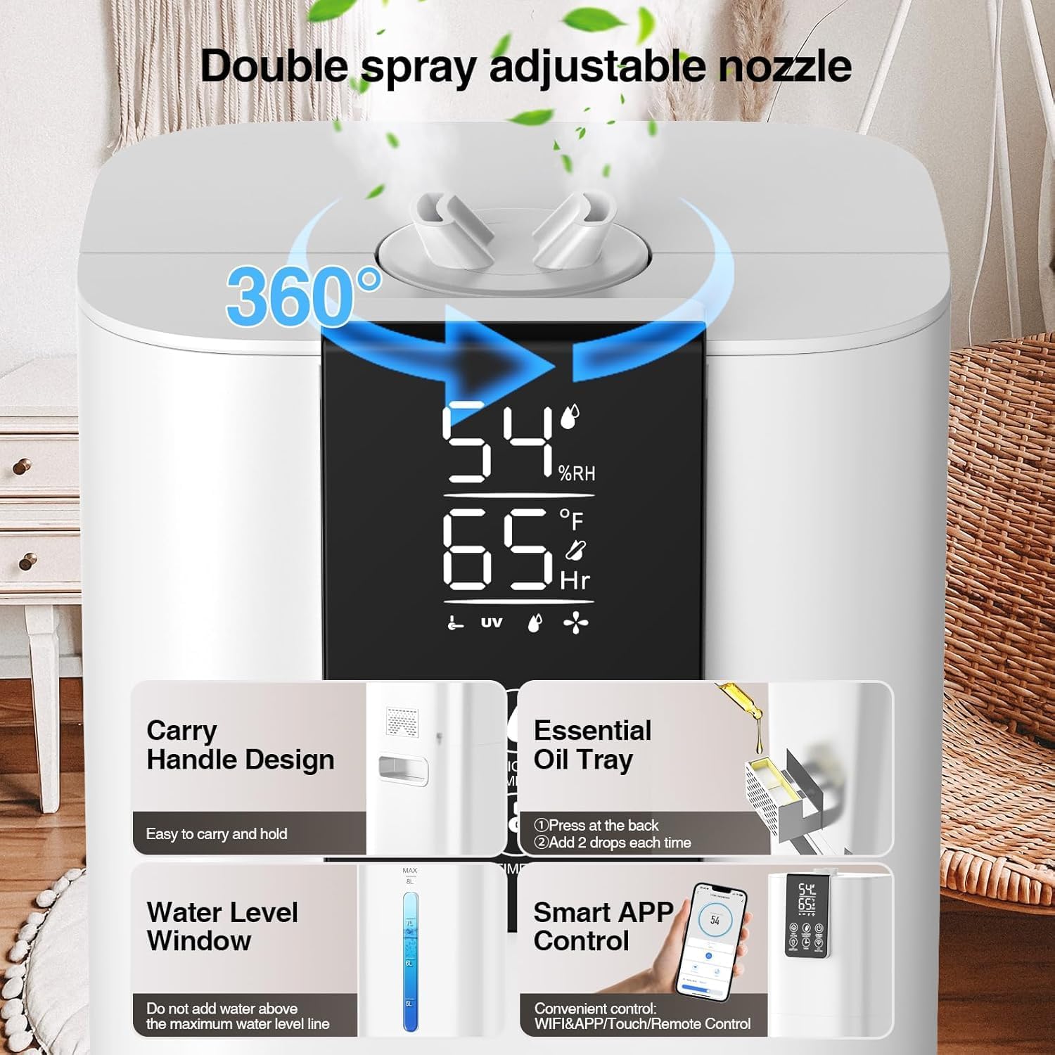 8L/2.1 Gal Smart Humidifier Large Room, Top Fill Cool Mist Humidifiers for Bedroom with App & Remote Control, Night