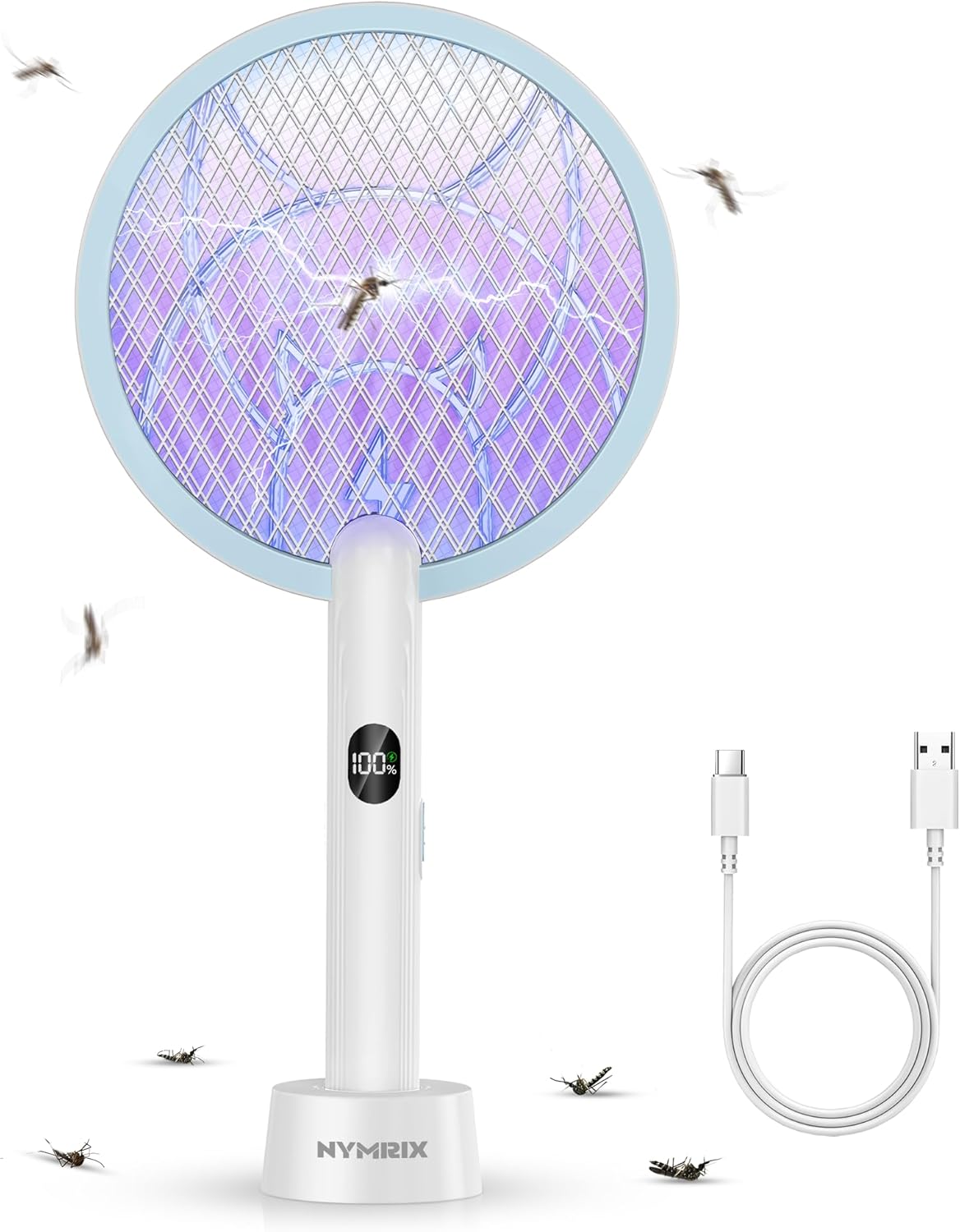 Electric Fly Swatter 4100V Dual Mode Bug Zapper Racket（Blue,1-Pack） | Mosquito Killer with 1800 mAh Rechargeable