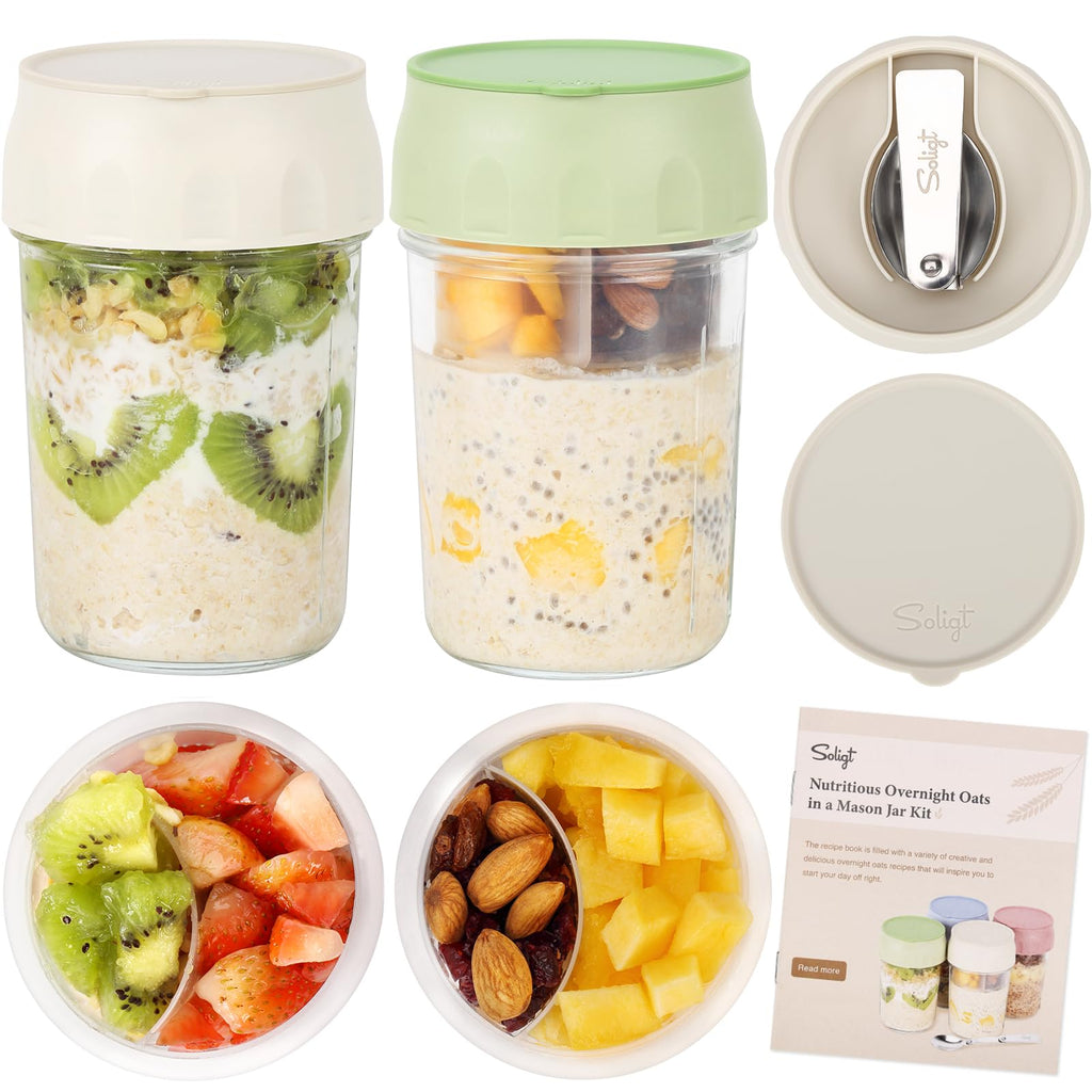 2 Pack Overnight Oats Containers with Lids (White/Organic Green)