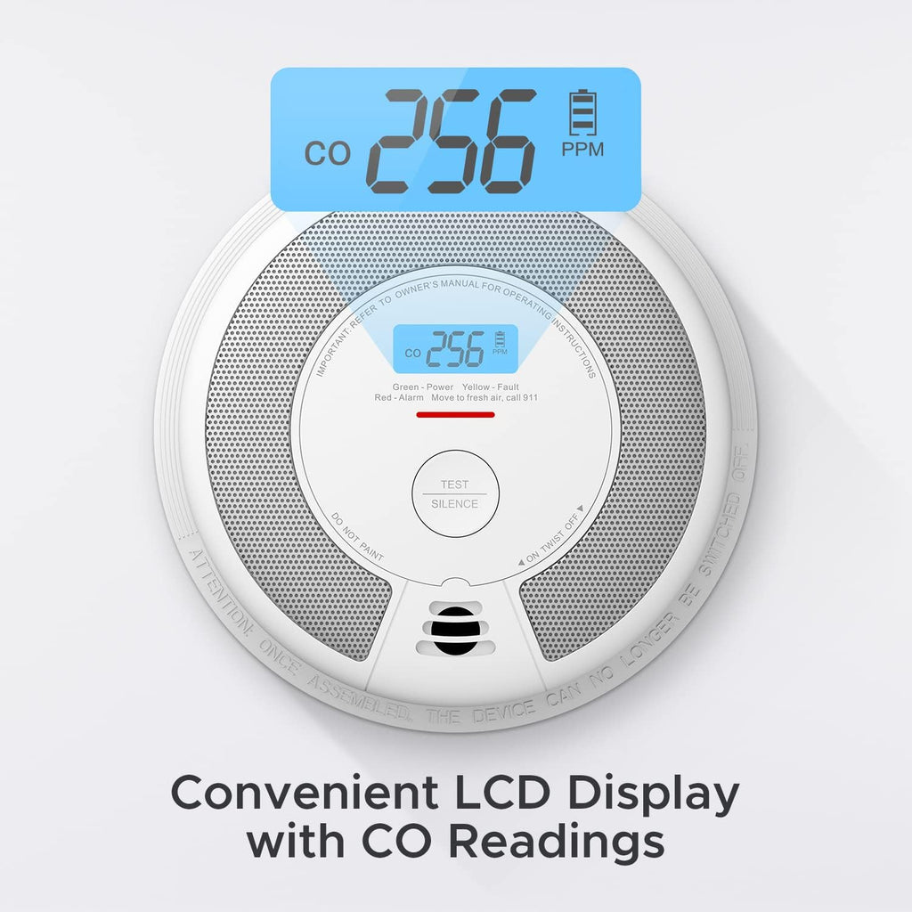 10-Year Battery Combination Smoke Carbon Monoxide Alarm Detector with Large LCD Display, UL 217 & UL 2034 Certified