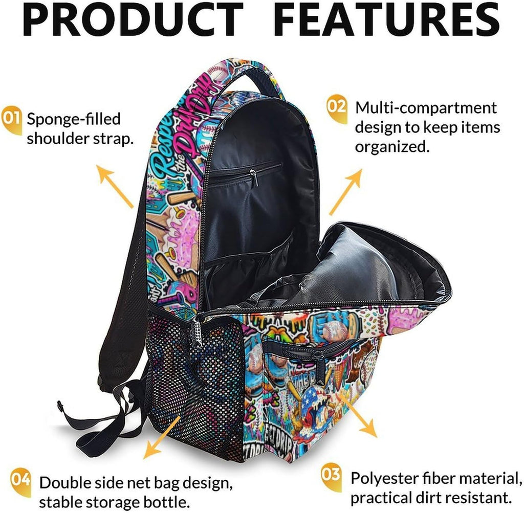 Kids Backpack for Boys Baseball Drip Backpacks for Kids Teens Team, Lightweight Large Capacity Cool Back to School