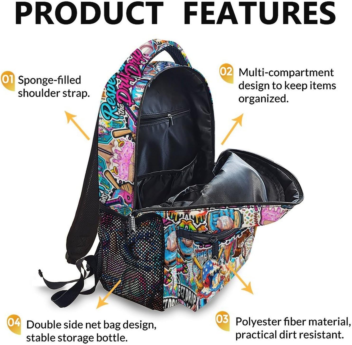 Kids Backpack for Boys Baseball Drip Backpacks for Kids Teens Team, Lightweight Large Capacity Cool Back to School