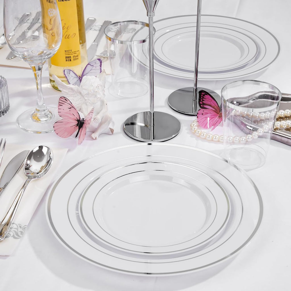 200Pcs White and Silver Plastic Dinnerware Set for 25 Guests Party