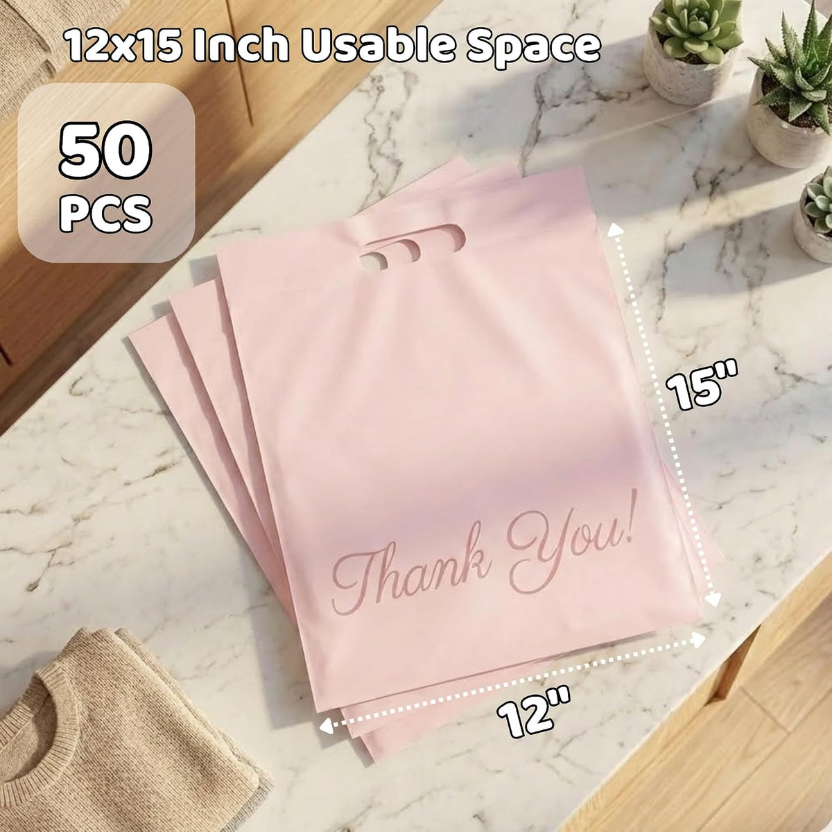 Pink Poly Mailers with Handle, 12x15, 50 Pack, Thank You Bags